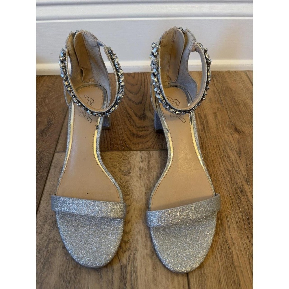 Jewel Badgley Mischka Catalina Sandals Womens 8 Silver Excellent Crystal Heel - Picture 3 of 8